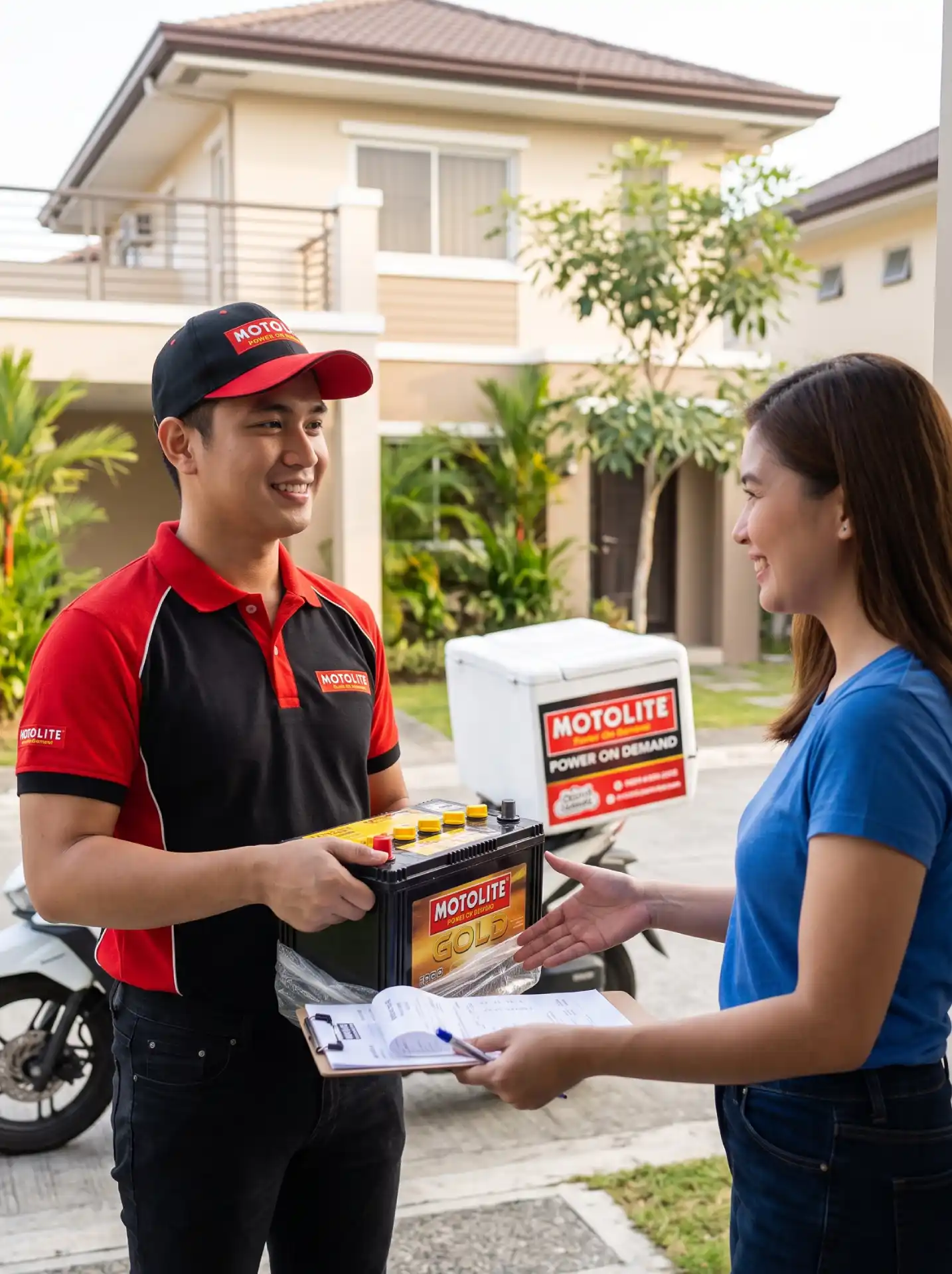 A smiling Motolite delivery rider handing a Motolite Gold car battery to a female customer outside a residential home.