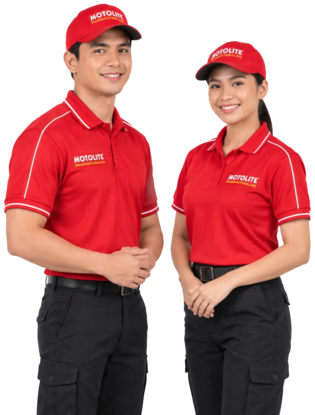 Two Motolite delivery employees in red uniforms smiling with hands folded.